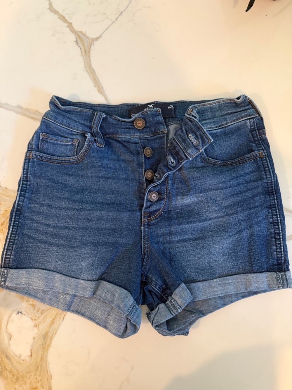 Hollister High-Rise Mid-Blue Button-Fly Rolled Hem Jean Shorts